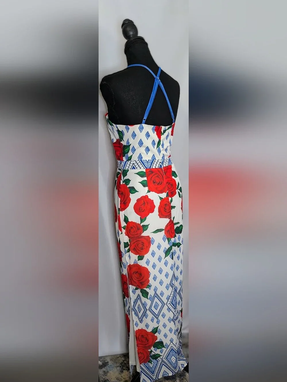 LUXMI Rose Floral Halter Maxi Dress Size S Blue Red High Slit